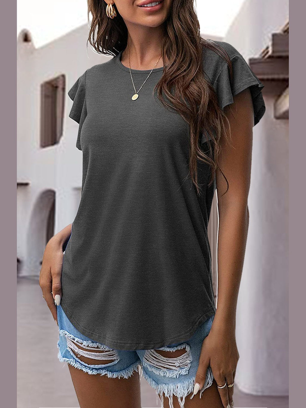Women Ruffled Round Neck Cap Sleeve Blouse