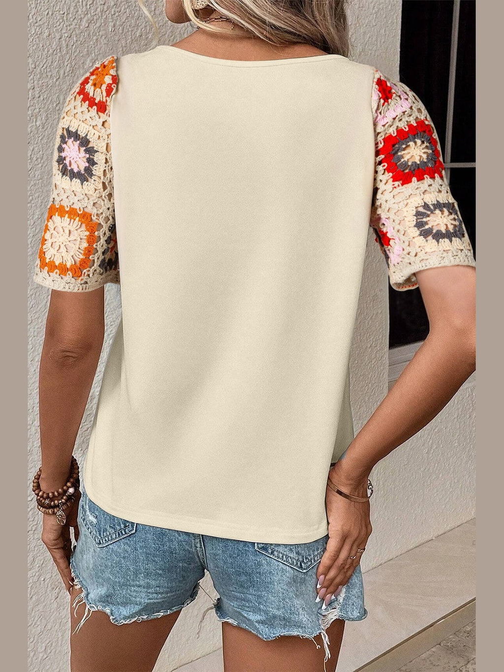 Women Geometric Round Neck Short Sleeve Blouse