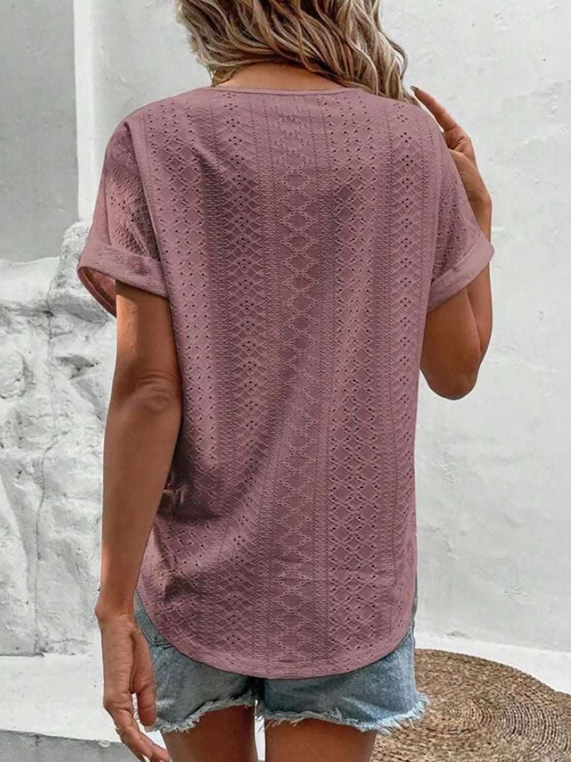 Women Eyelet V-Neck Short Sleeve Blouse