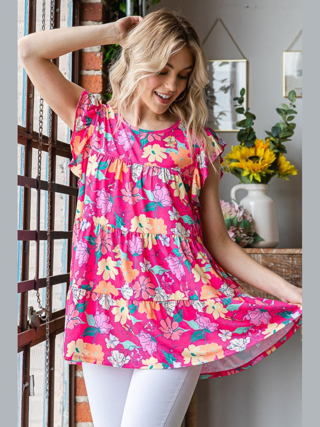 Women Heimish Full Size Floral Ruffle Sleeve Tiered Blouse