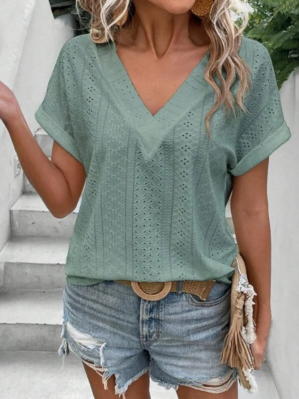 Women Eyelet V-Neck Short Sleeve Blouse