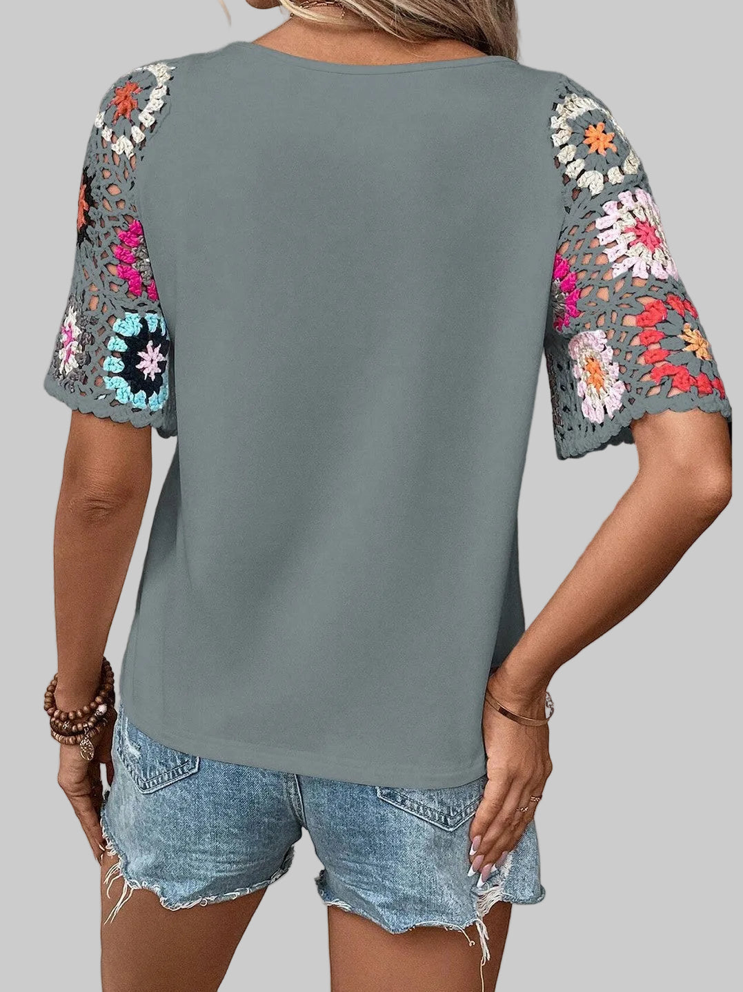 Women Geometric Round Neck Short Sleeve Blouse