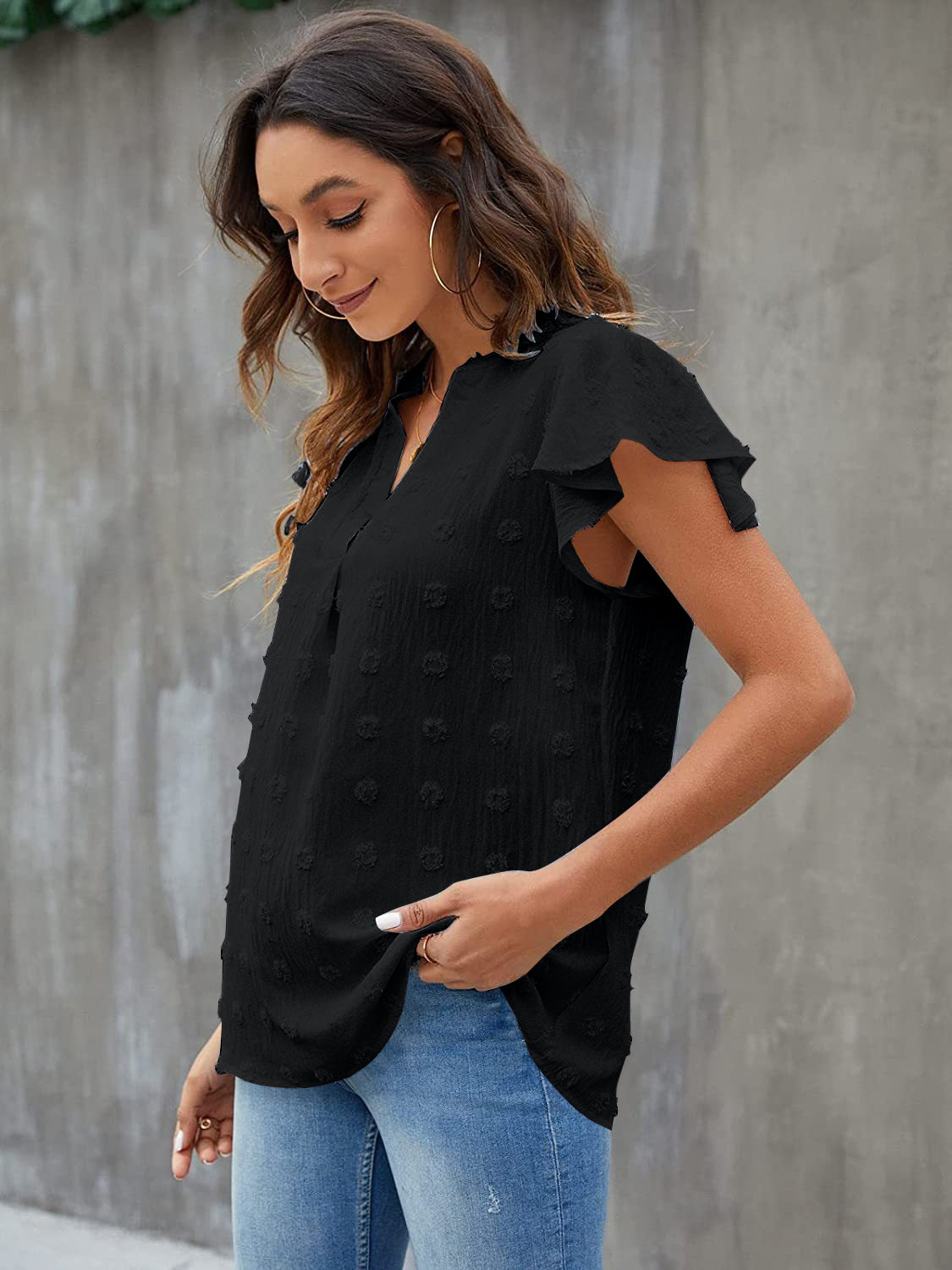 Women Swiss Dot Notched Flutter Sleeve Blouse