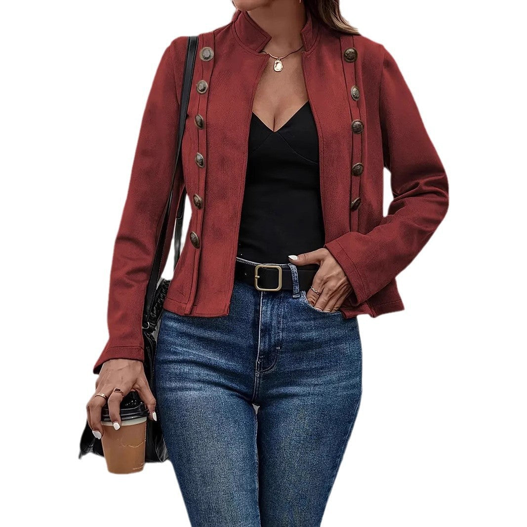 Double-row Metal Buckle Deerskin Velvet Retro Long-sleeved Coat