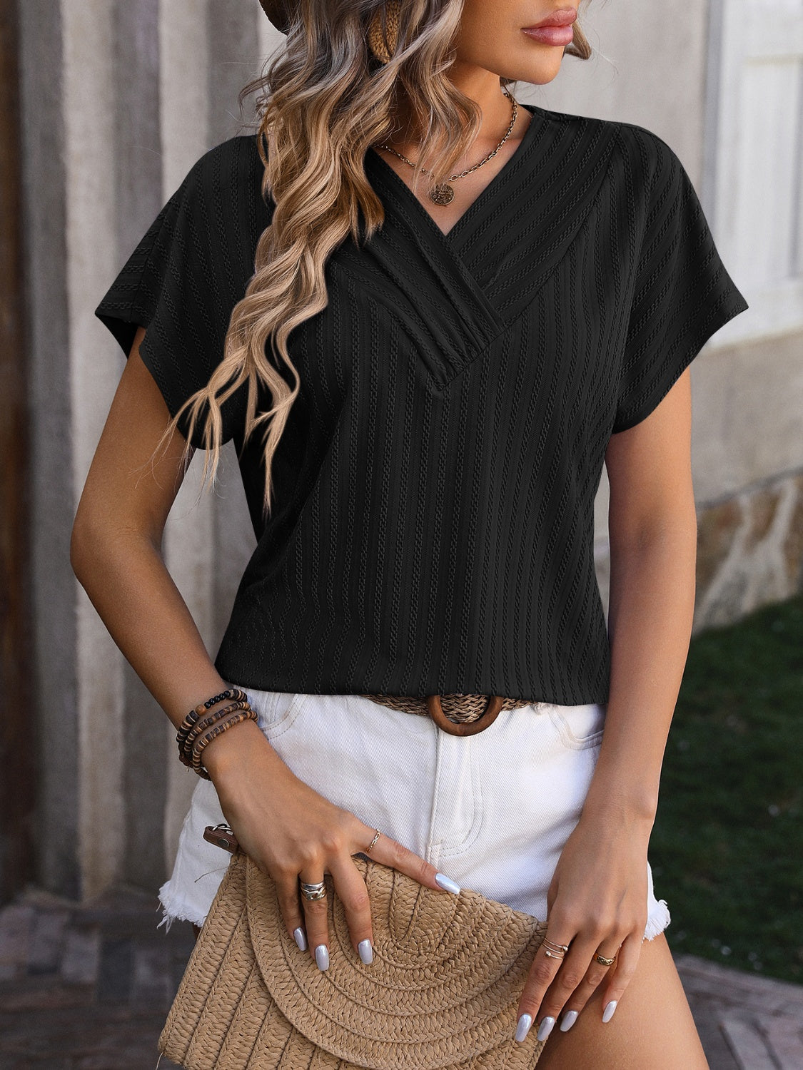 Women Textured Surplice Short Sleeve Blouse