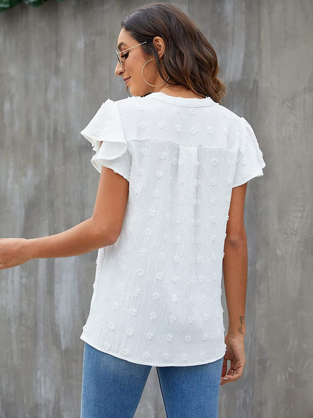Women Swiss Dot Notched Flutter Sleeve Blouse