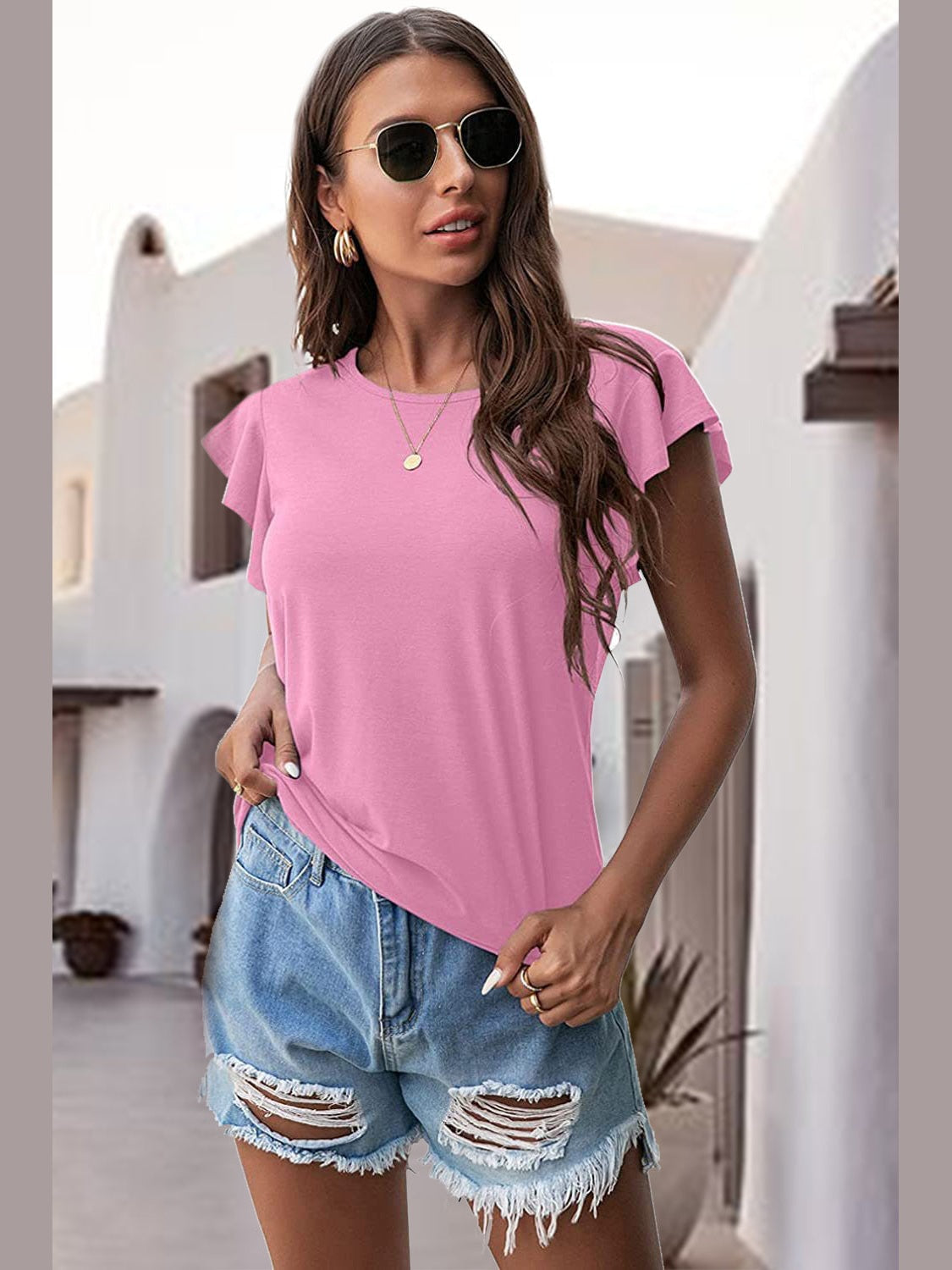 Women Ruffled Round Neck Cap Sleeve Blouse