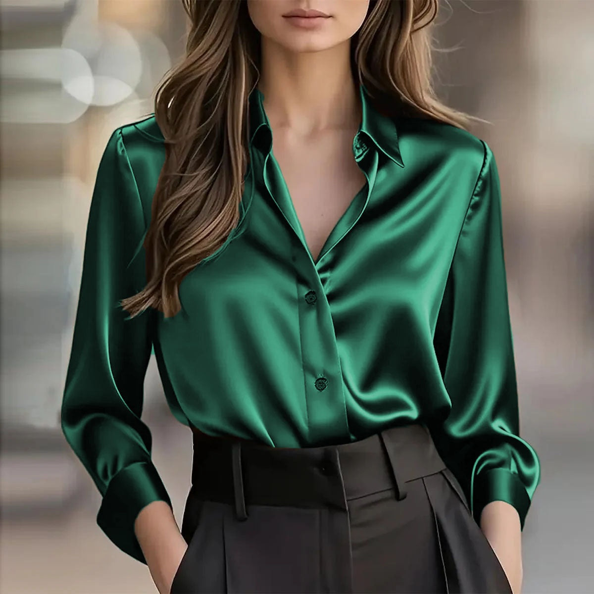 Elegant Satin Long Sleeve Blouse For Women Button-Up Collar Shirt Perfect For Casual Professional Business Work Wear Women's Clothing