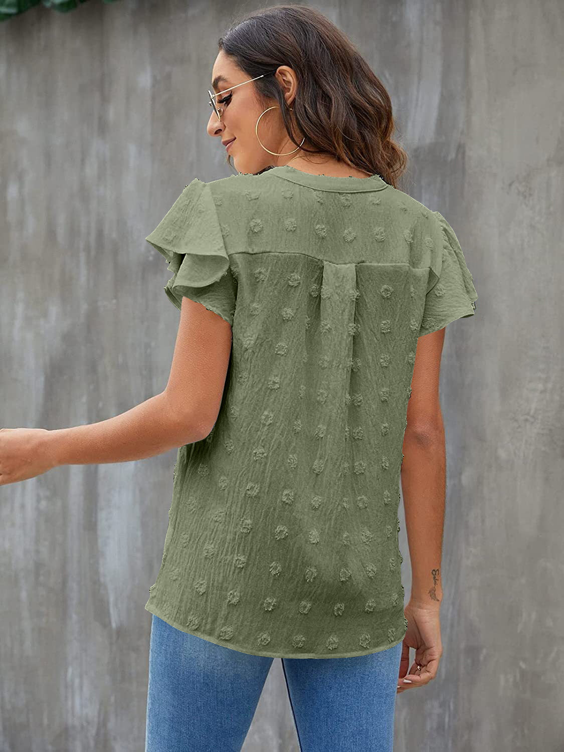Women Swiss Dot Notched Flutter Sleeve Blouse
