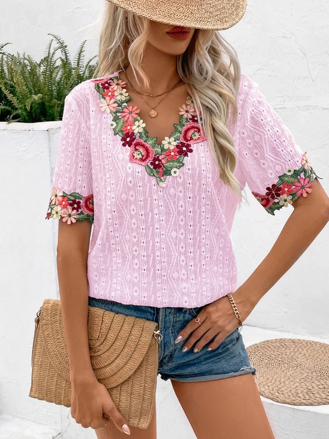 Women Eyelet Embroidered V-Neck Short Sleeve Blouse