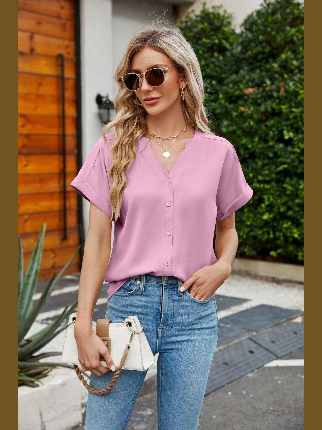 Women Notched Neck Cuffed Sleeve Shirt