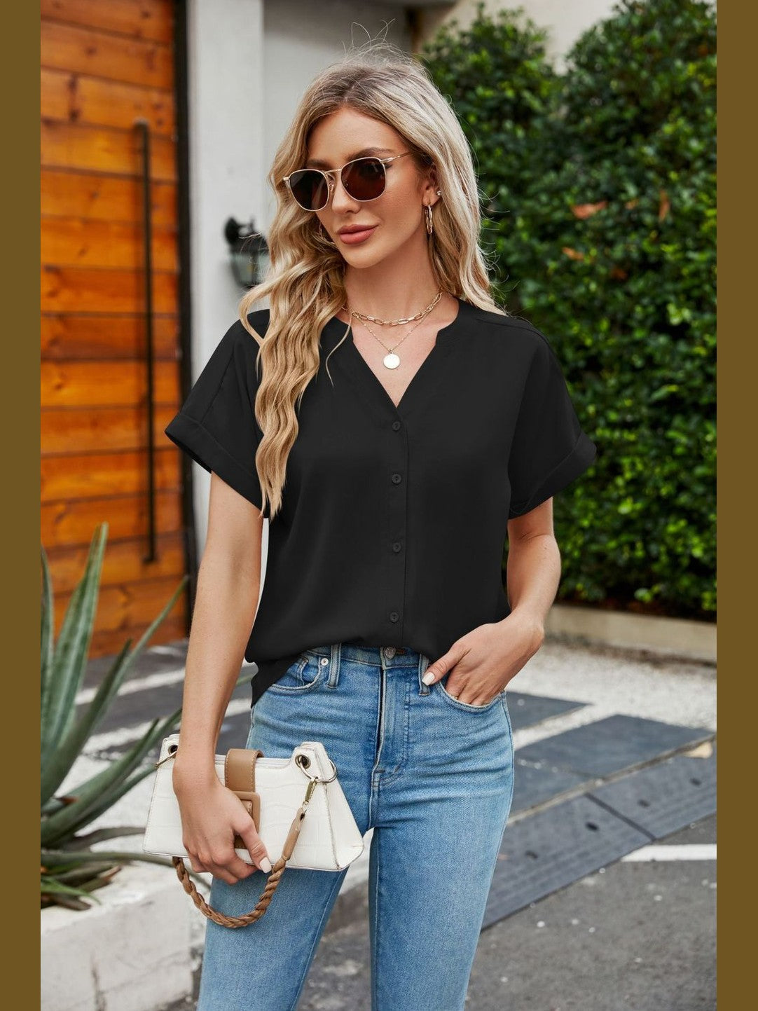 Women Notched Neck Cuffed Sleeve Shirt