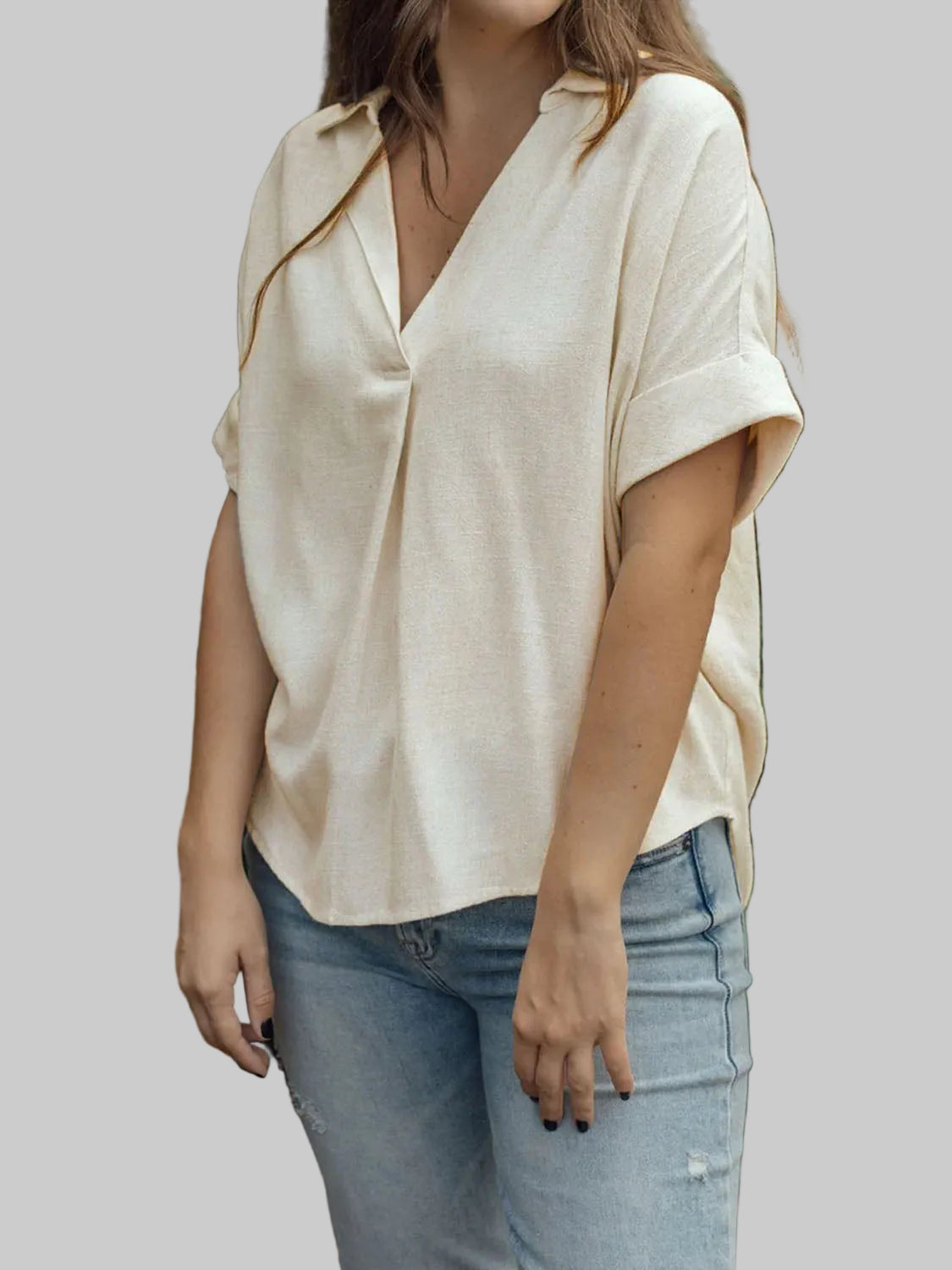 Women Johnny Collar Half Sleeve Blouse