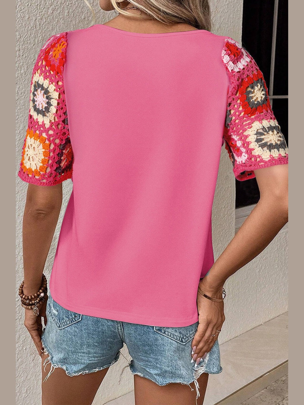 Women Geometric Round Neck Short Sleeve Blouse