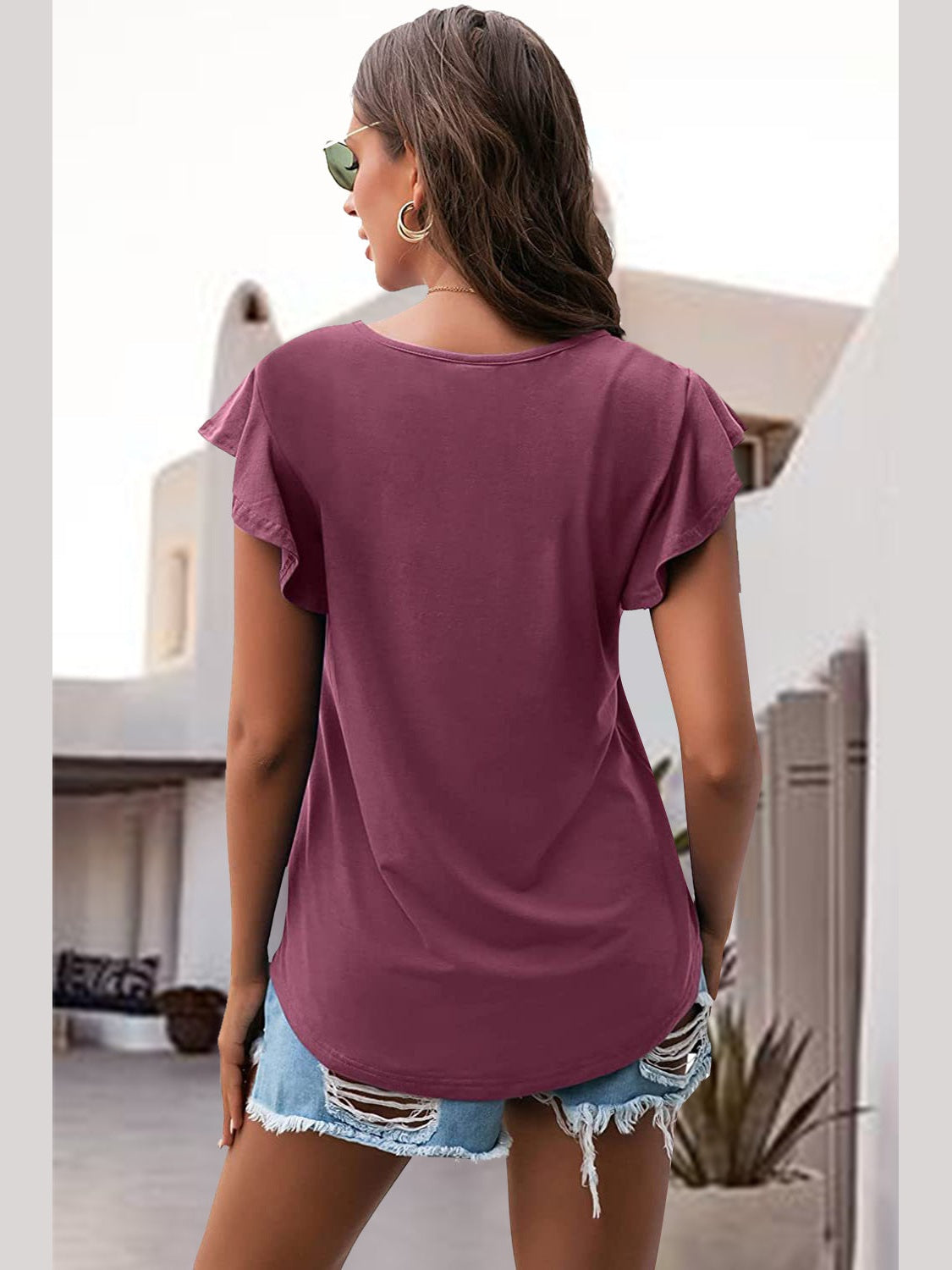 Women Ruffled Round Neck Cap Sleeve Blouse