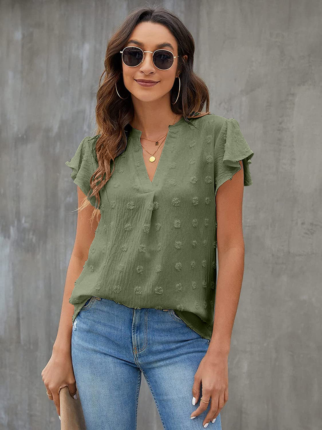 Women Swiss Dot Notched Flutter Sleeve Blouse
