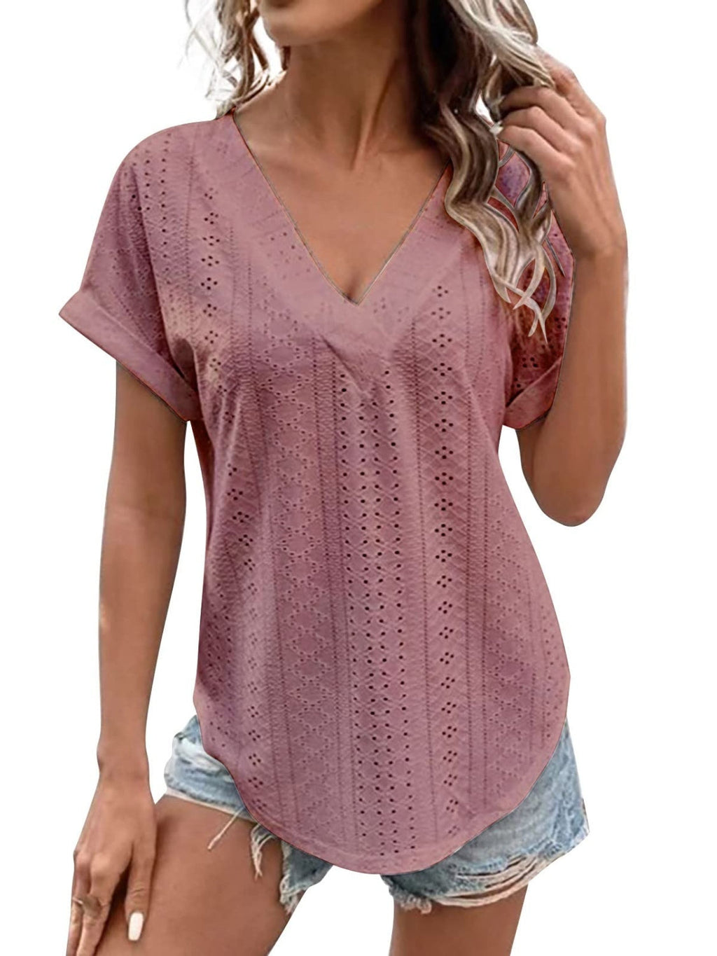 Women Eyelet V-Neck Short Sleeve Blouse