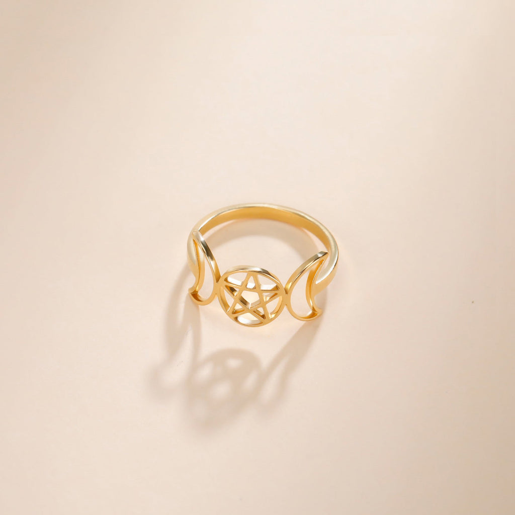 Temperament Wild Couple Ornament Double Moon Pentagram Stainless Steel Ring