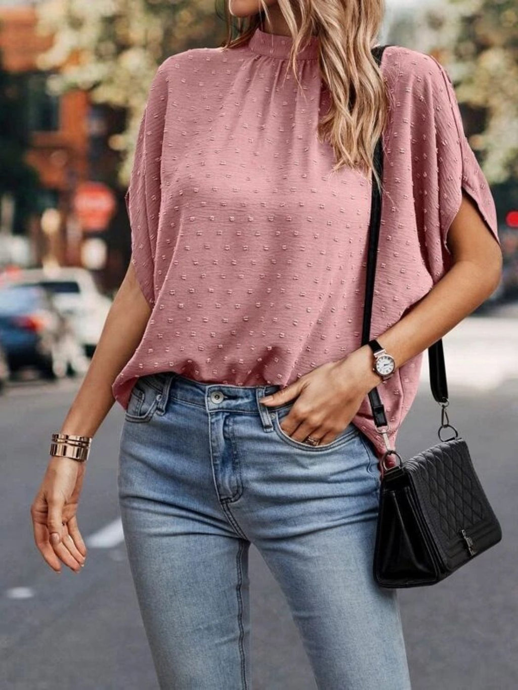 Women Swiss Dot Mock Neck Half Sleeve Blouse
