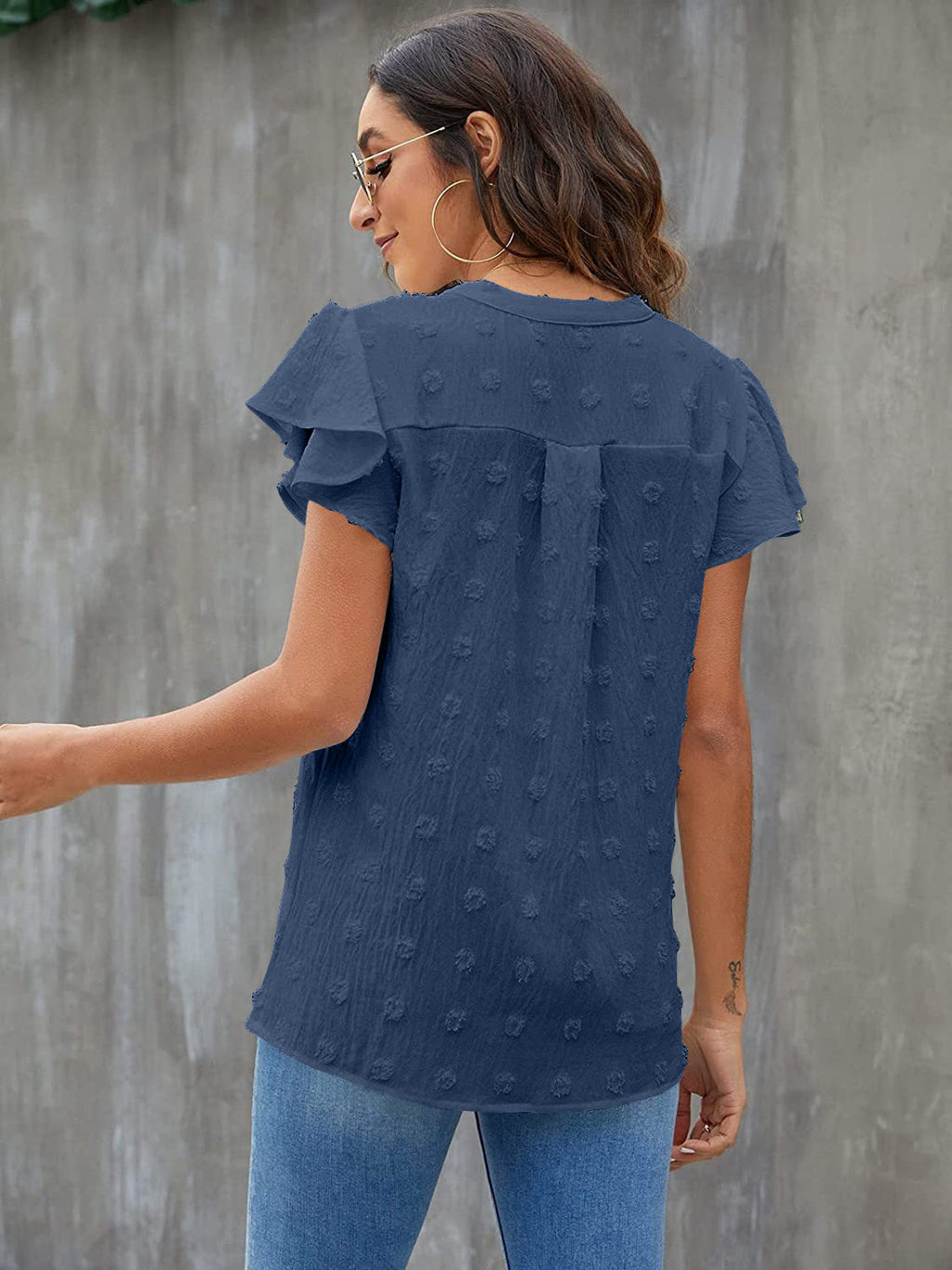 Women Swiss Dot Notched Flutter Sleeve Blouse