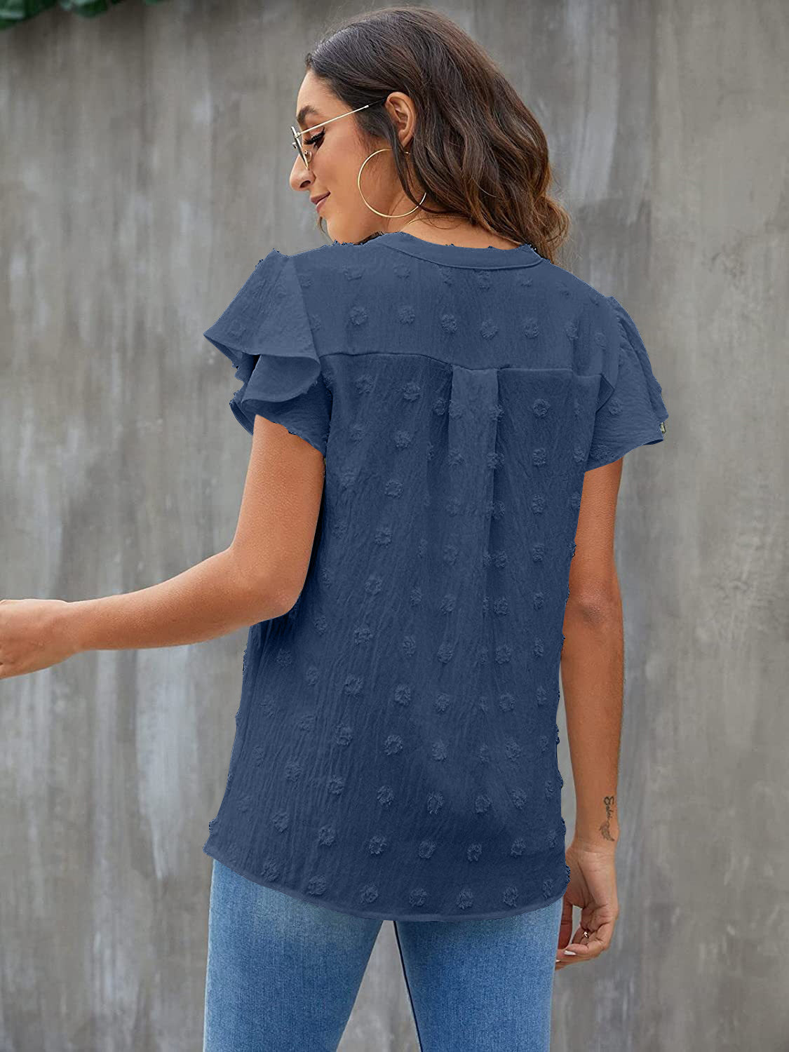 Women Swiss Dot Notched Flutter Sleeve Blouse