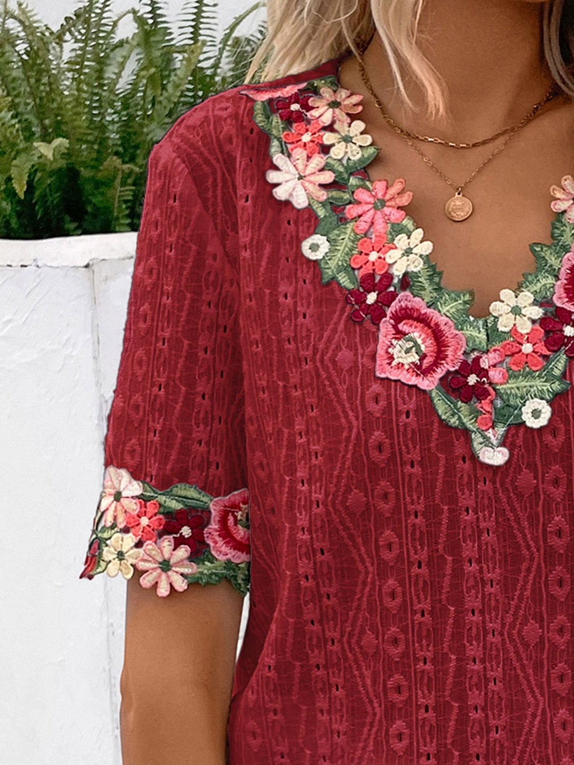 Women Eyelet Embroidered V-Neck Short Sleeve Blouse