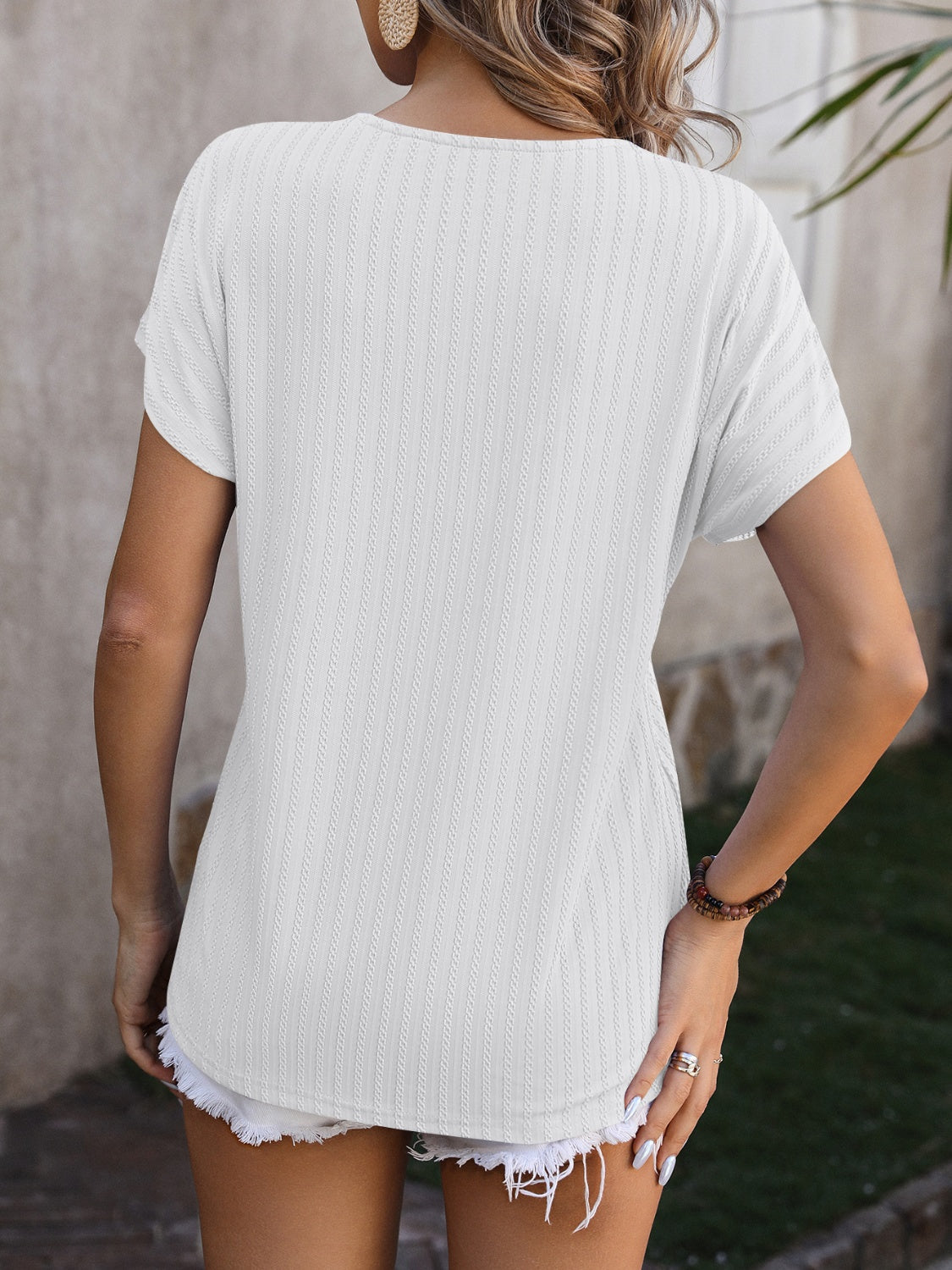 Women Textured Surplice Short Sleeve Blouse