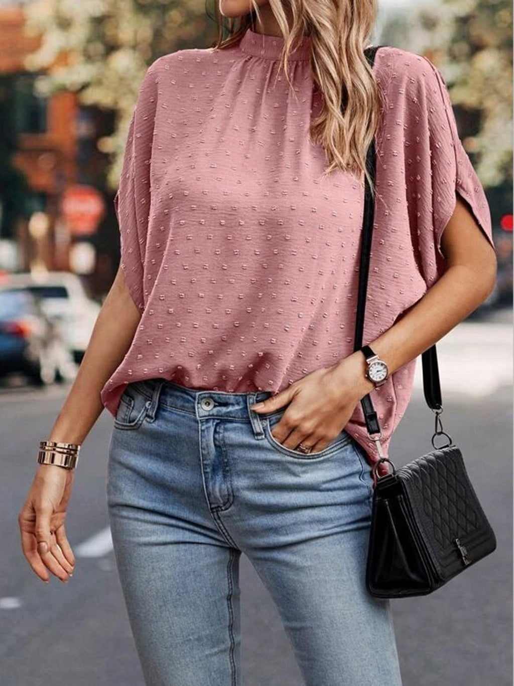 Women Swiss Dot Mock Neck Half Sleeve Blouse