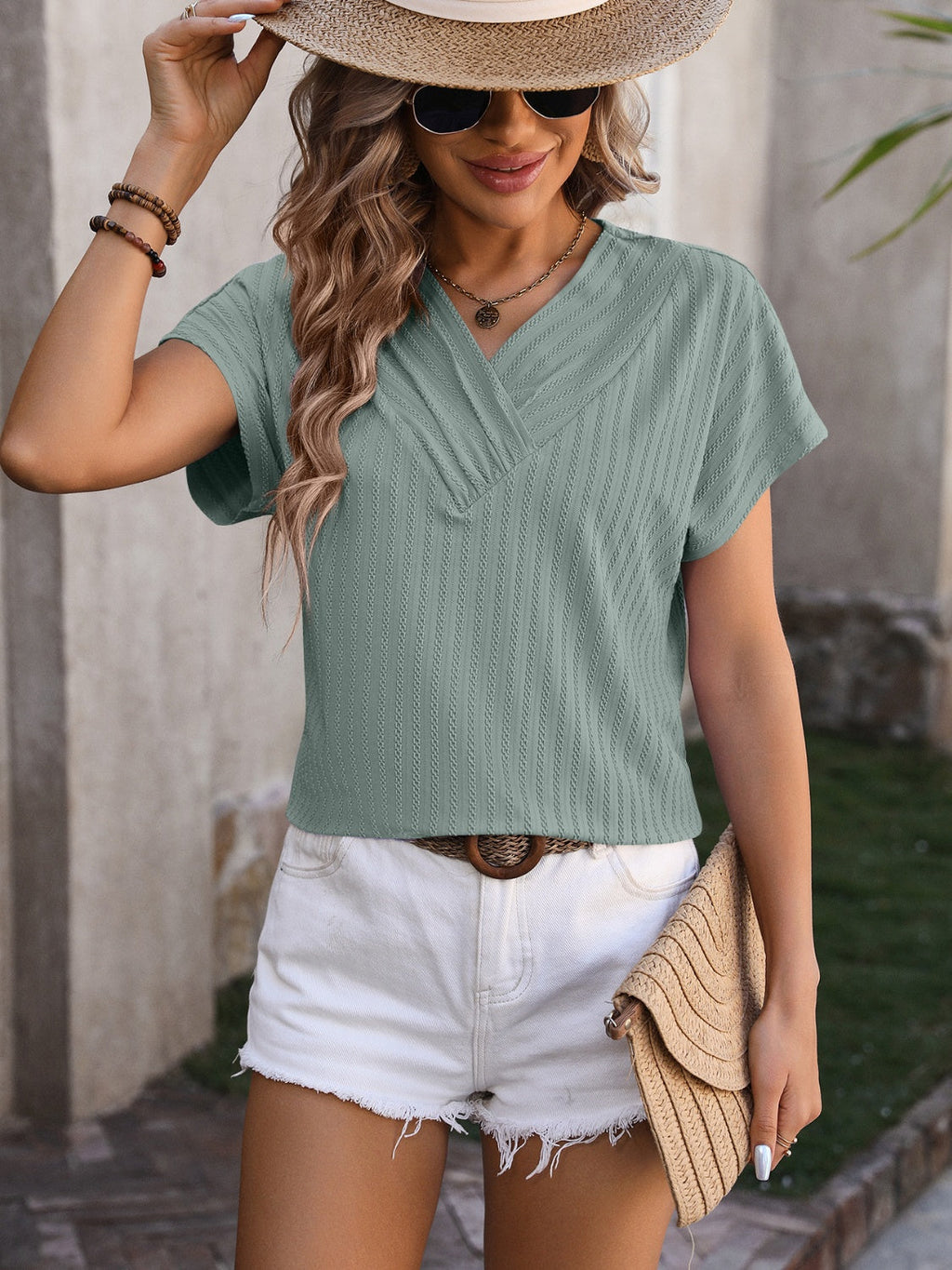 Women Textured Surplice Short Sleeve Blouse