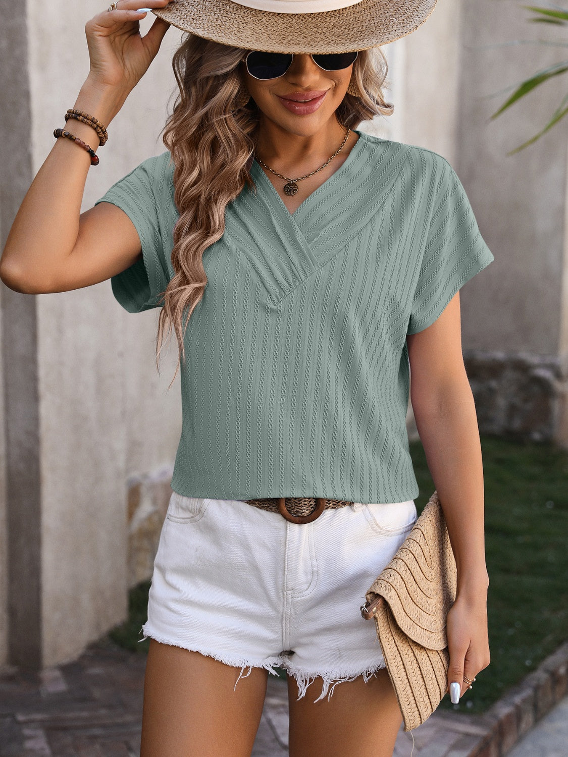 Women Textured Surplice Short Sleeve Blouse