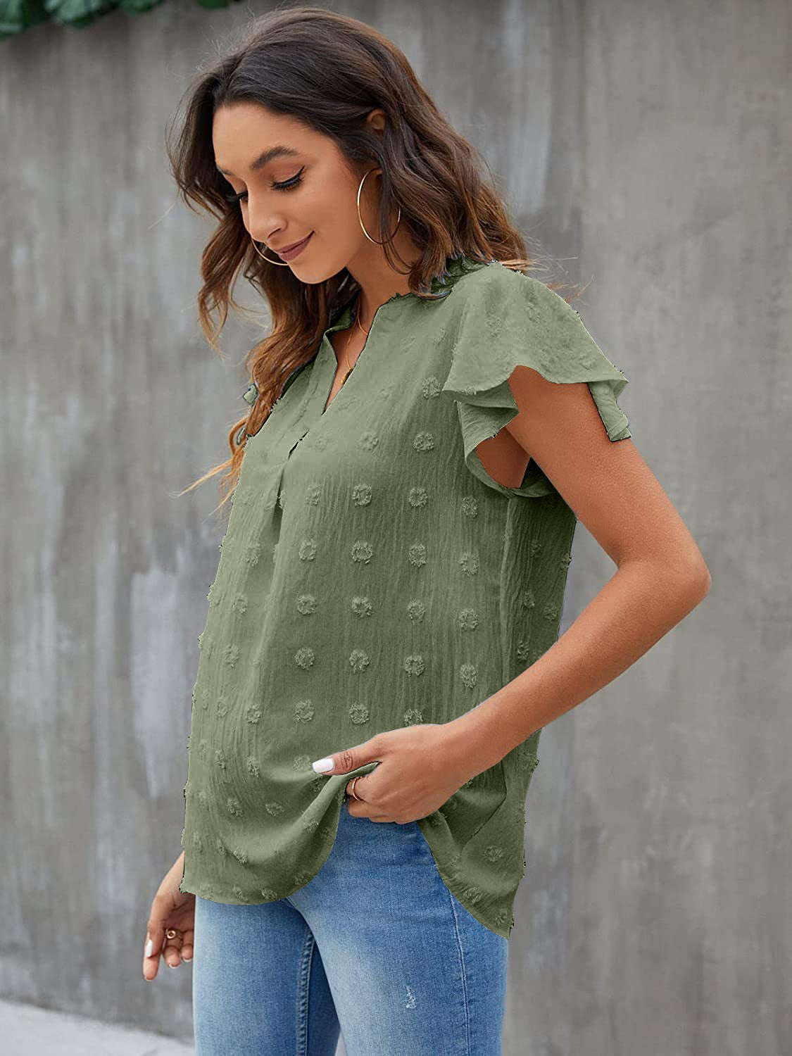 Women Swiss Dot Notched Flutter Sleeve Blouse