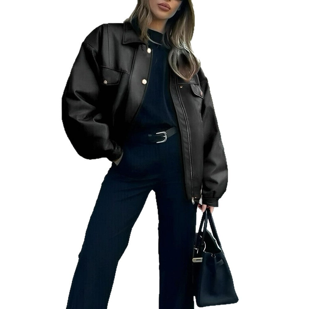 Women's Leather Jacket Loose Long Sleeve Lapel Motorcycle Jacket