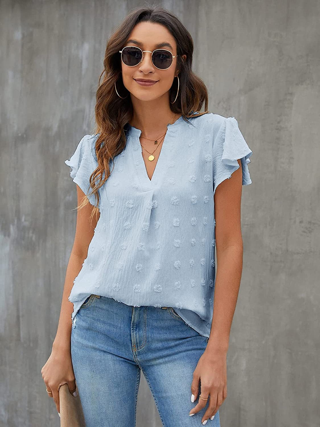 Women Swiss Dot Notched Flutter Sleeve Blouse