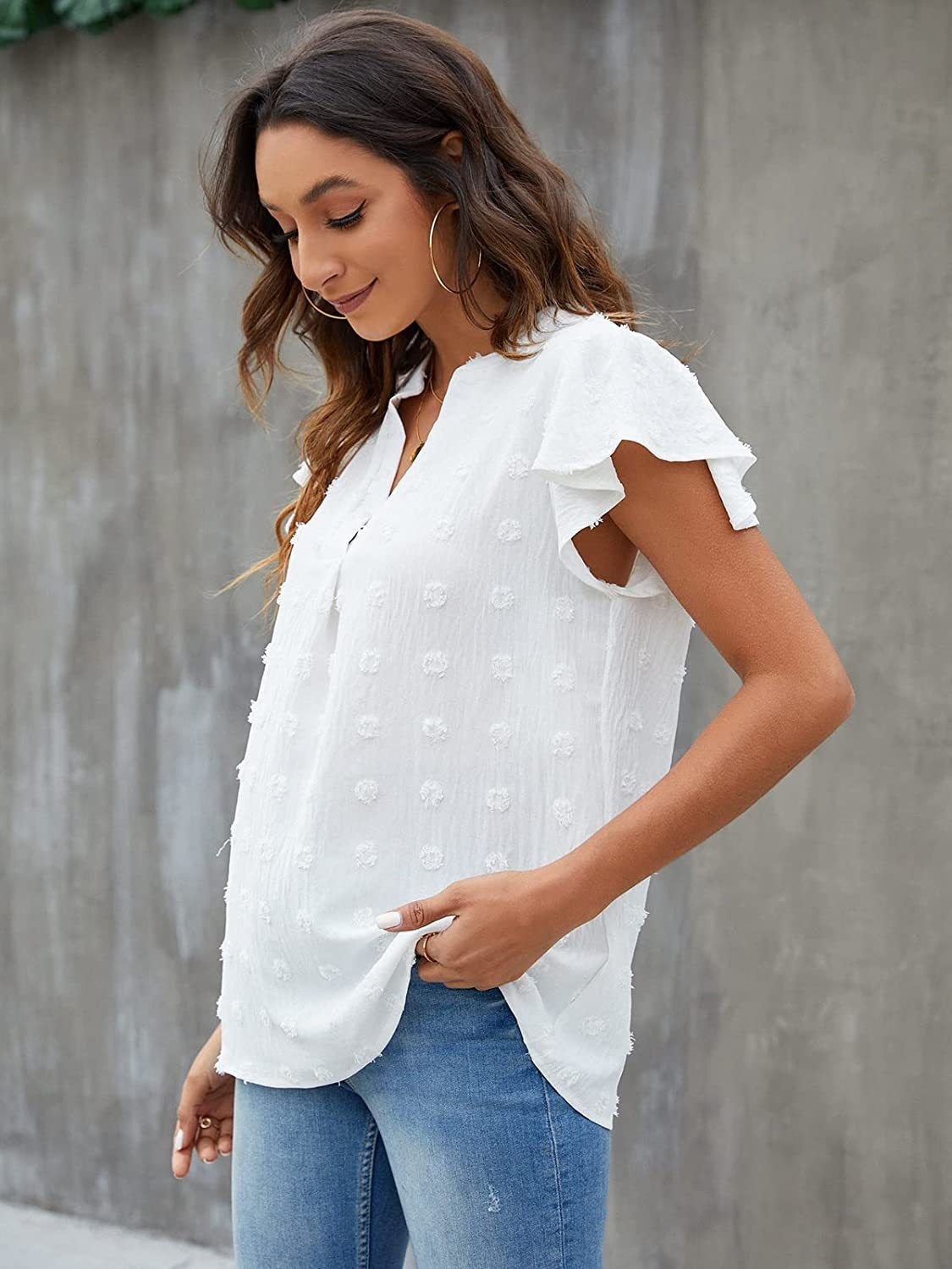 Women Swiss Dot Notched Flutter Sleeve Blouse