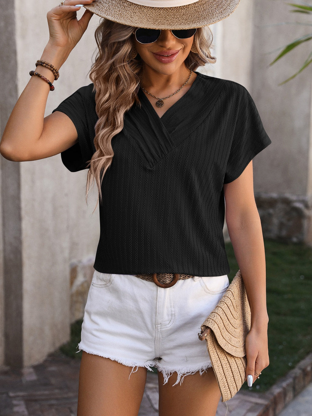 Women Textured Surplice Short Sleeve Blouse