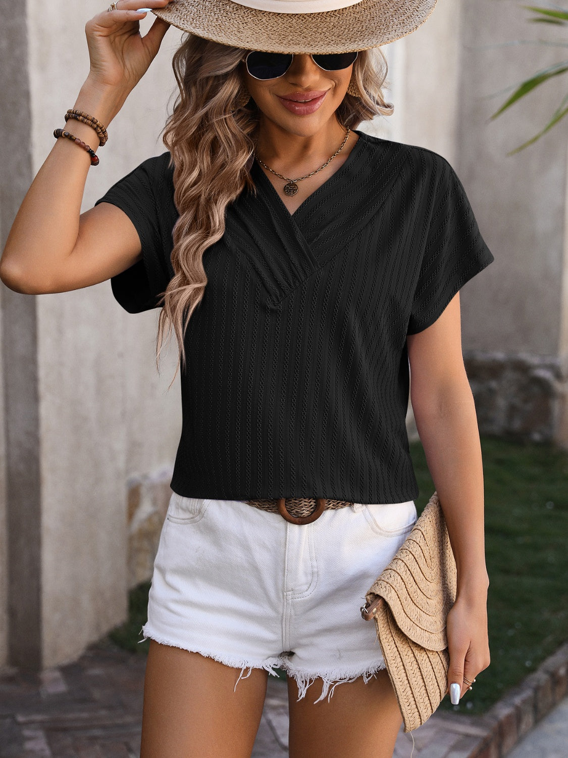 Women Textured Surplice Short Sleeve Blouse