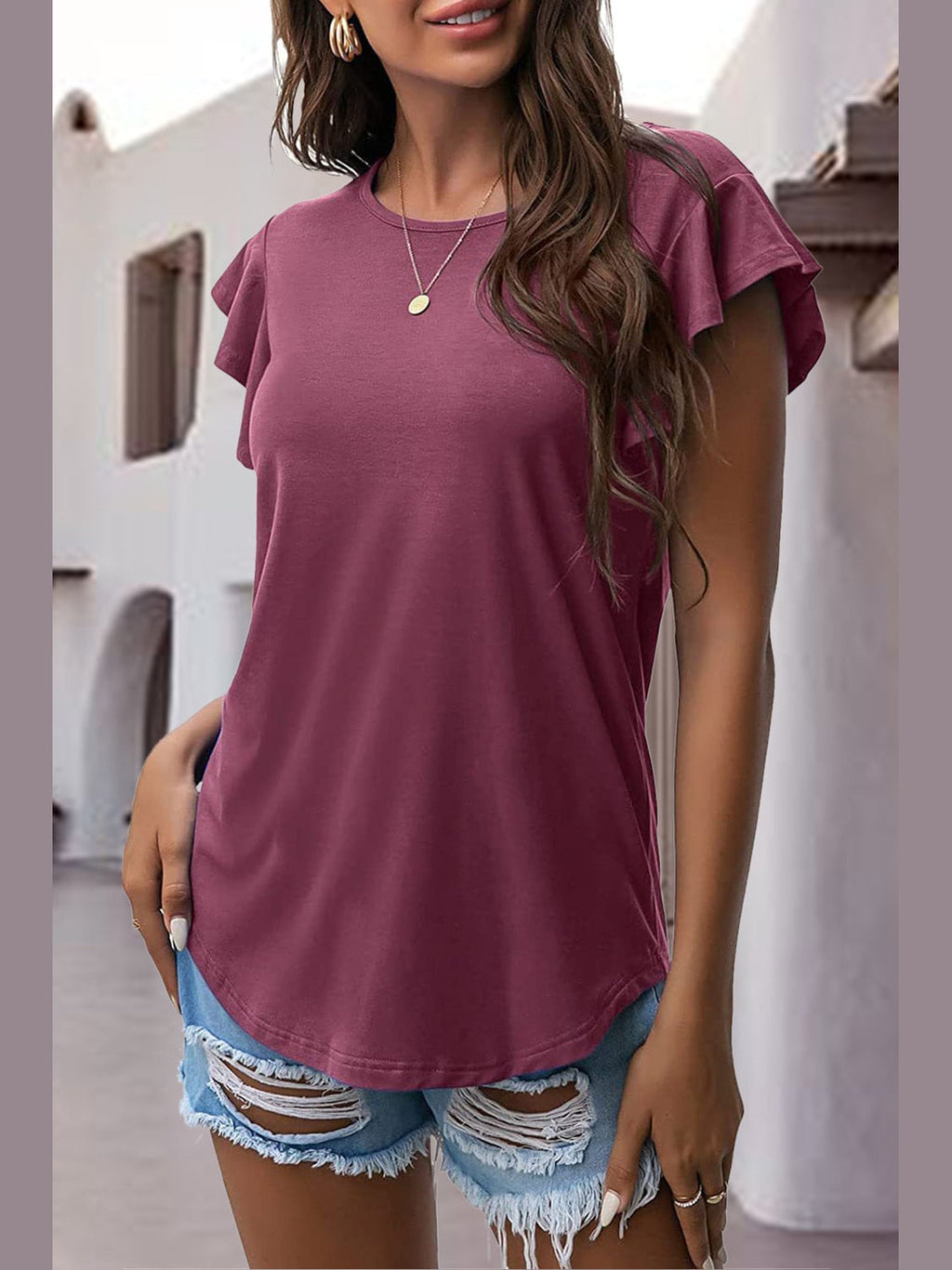 Women Ruffled Round Neck Cap Sleeve Blouse