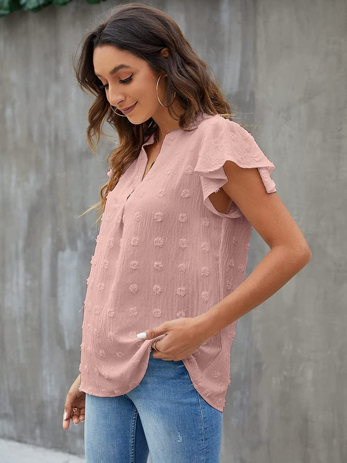 Women Swiss Dot Notched Flutter Sleeve Blouse