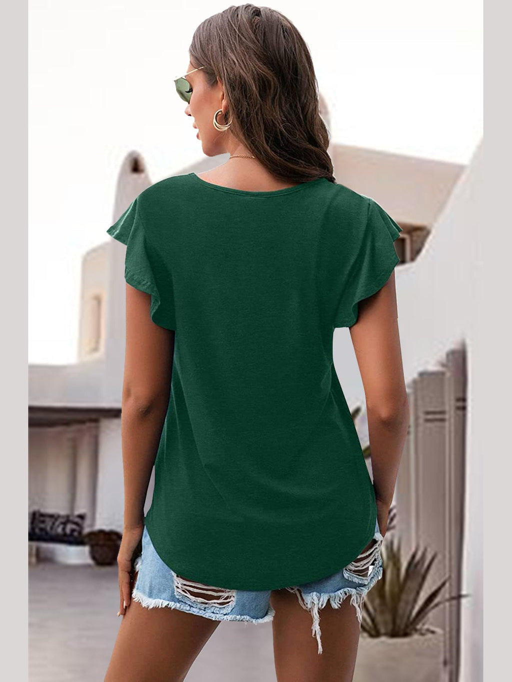 Women Ruffled Round Neck Cap Sleeve Blouse
