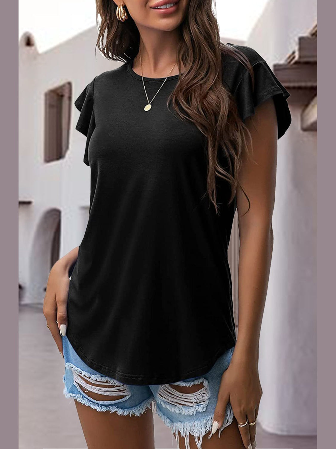 Women Ruffled Round Neck Cap Sleeve Blouse