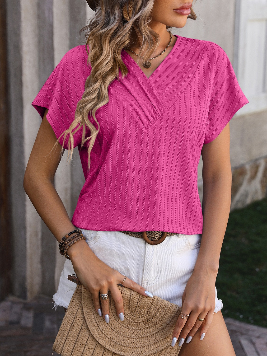 Women Textured Surplice Short Sleeve Blouse