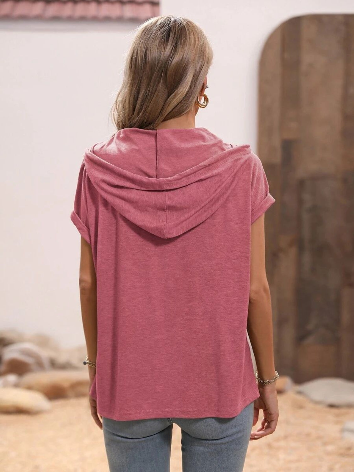Women Half Button Hooded Short Sleeve Blouse