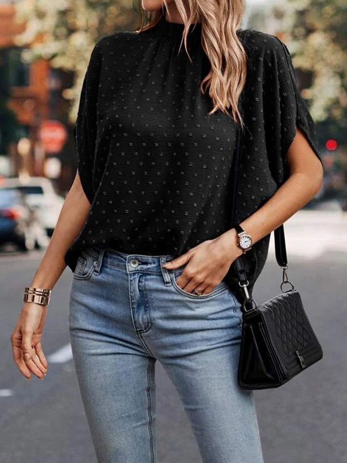 Women Swiss Dot Mock Neck Half Sleeve Blouse