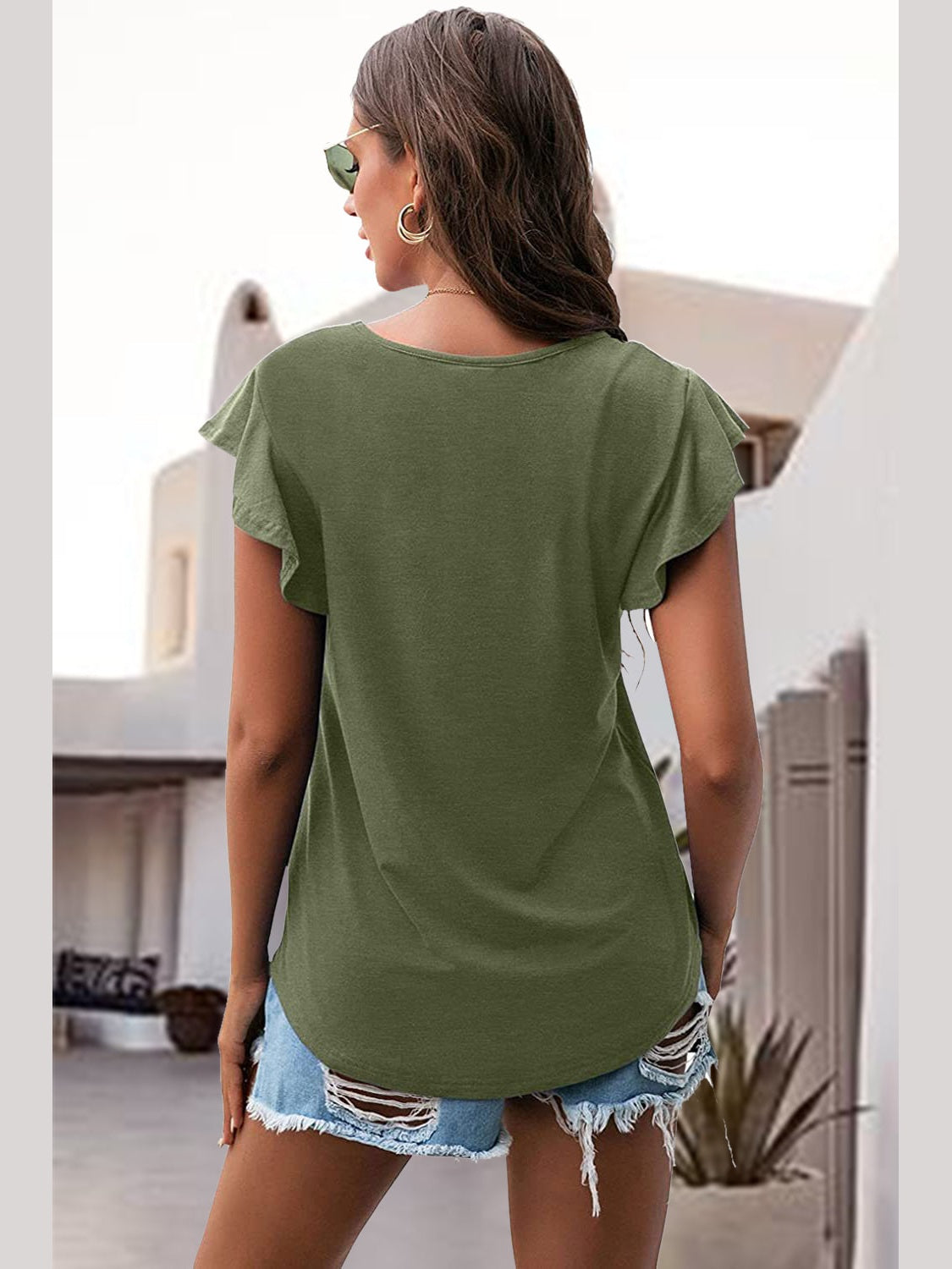 Women Ruffled Round Neck Cap Sleeve Blouse