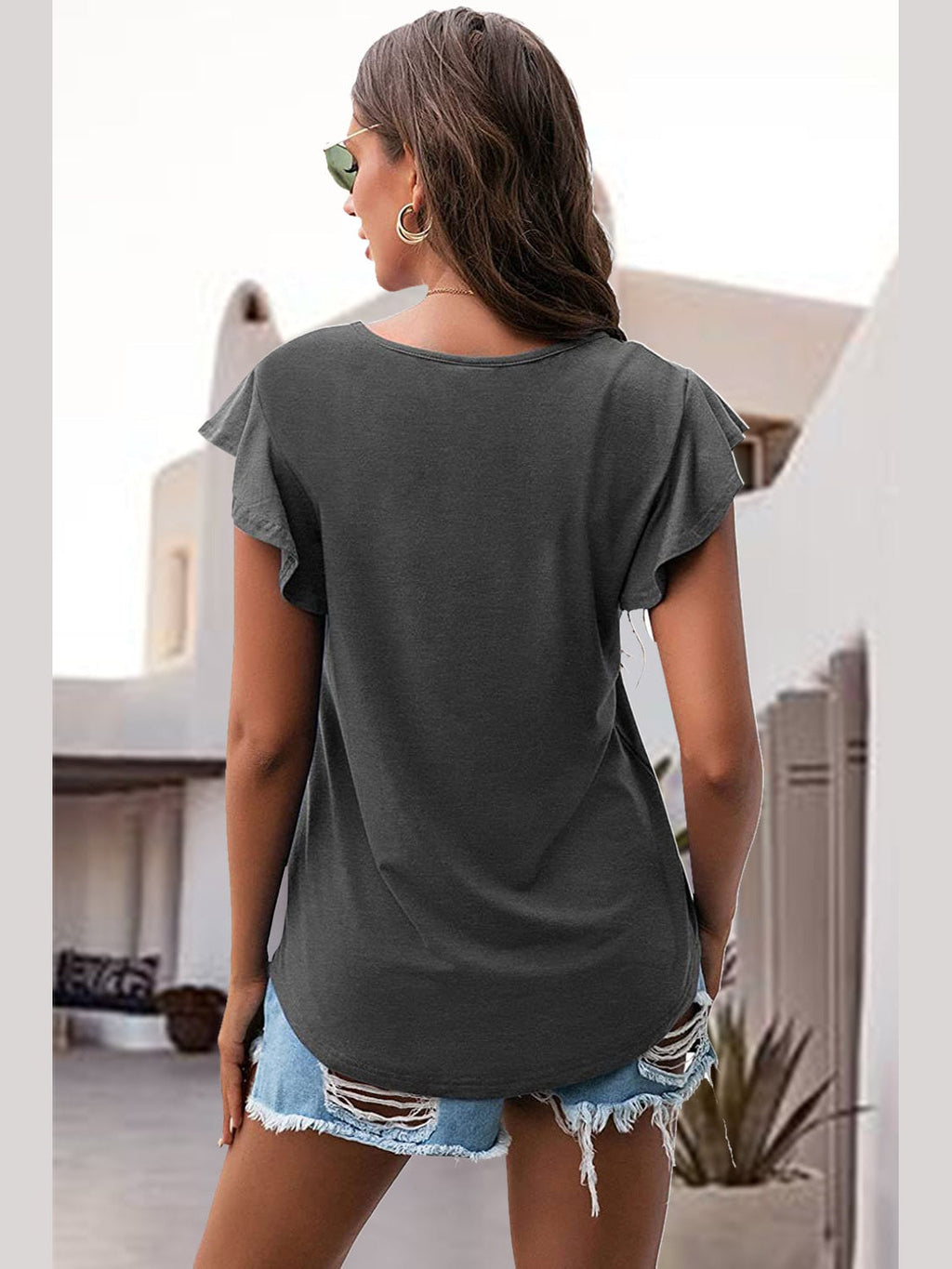 Women Ruffled Round Neck Cap Sleeve Blouse