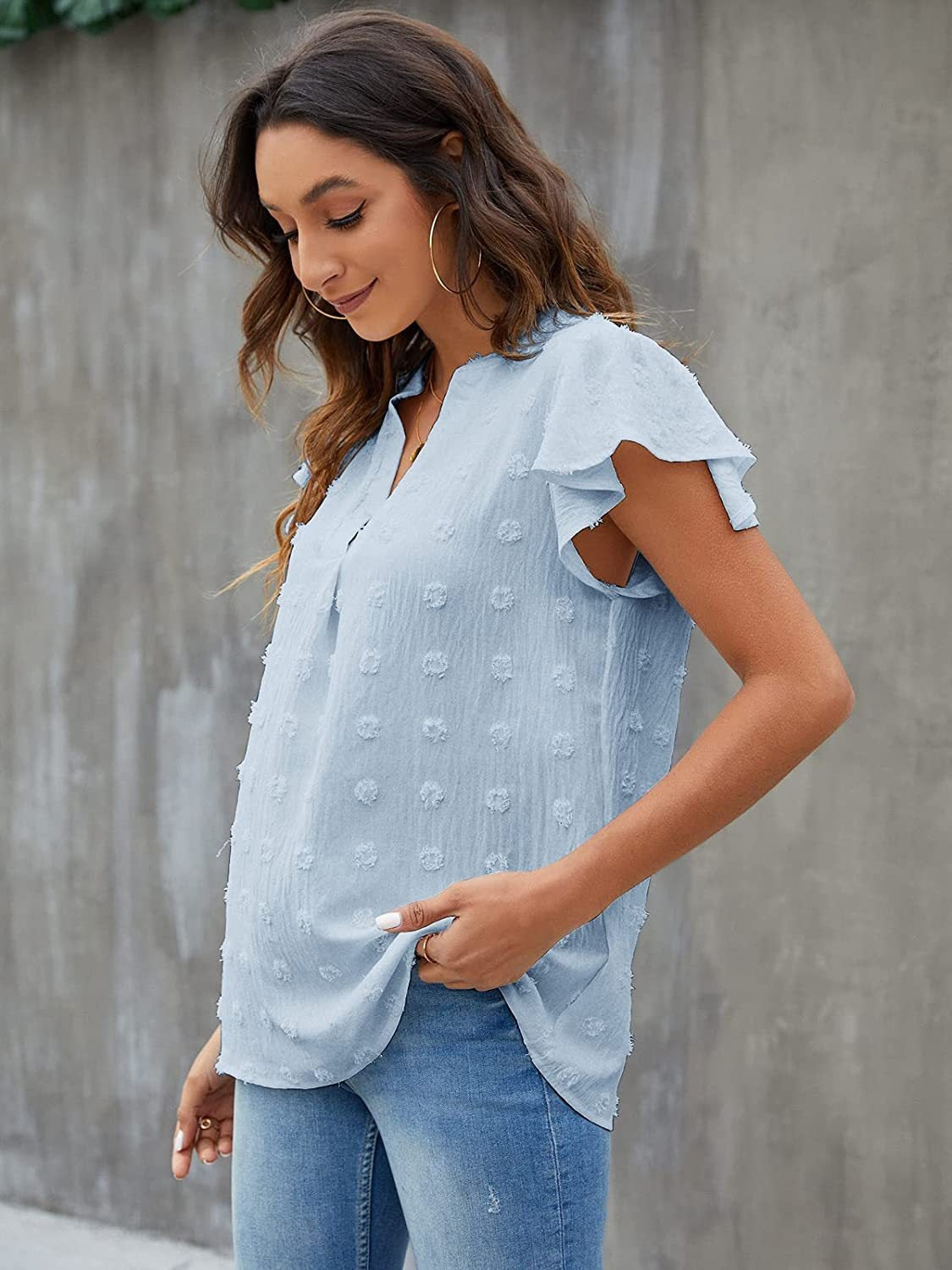 Women Swiss Dot Notched Flutter Sleeve Blouse