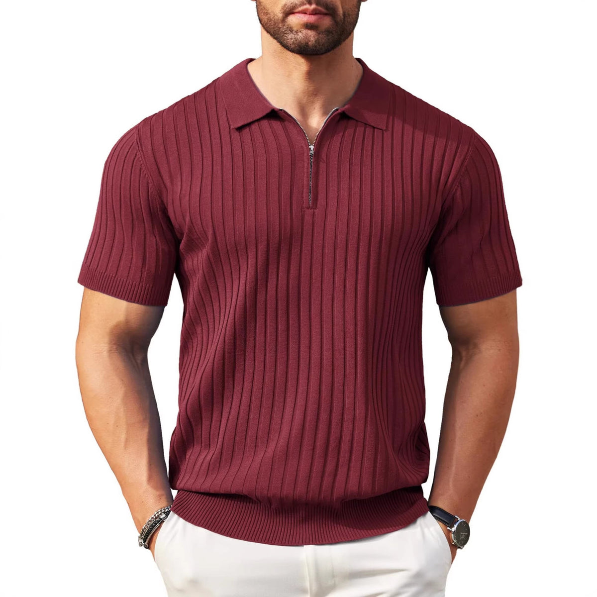 Mens Zip-Up Short-Sleeve Rib-Knit Polo T-Shirt Fashionable Casual Golf Shirt