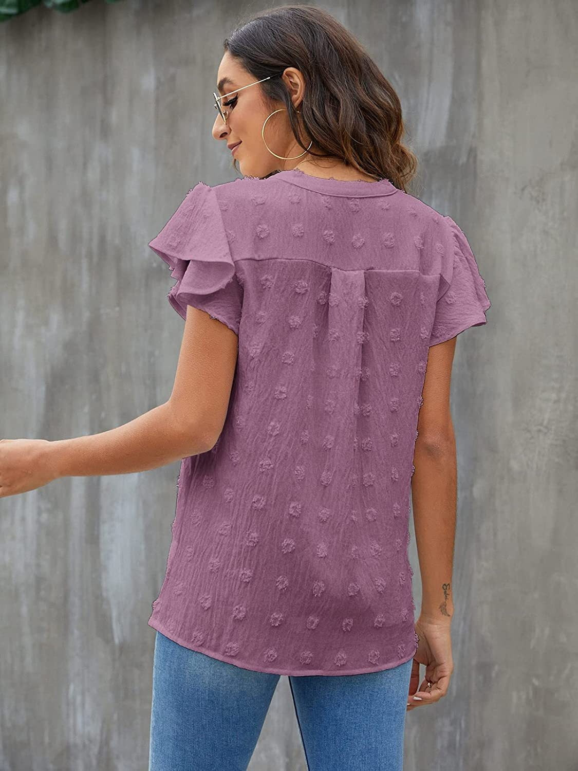 Women Swiss Dot Notched Flutter Sleeve Blouse