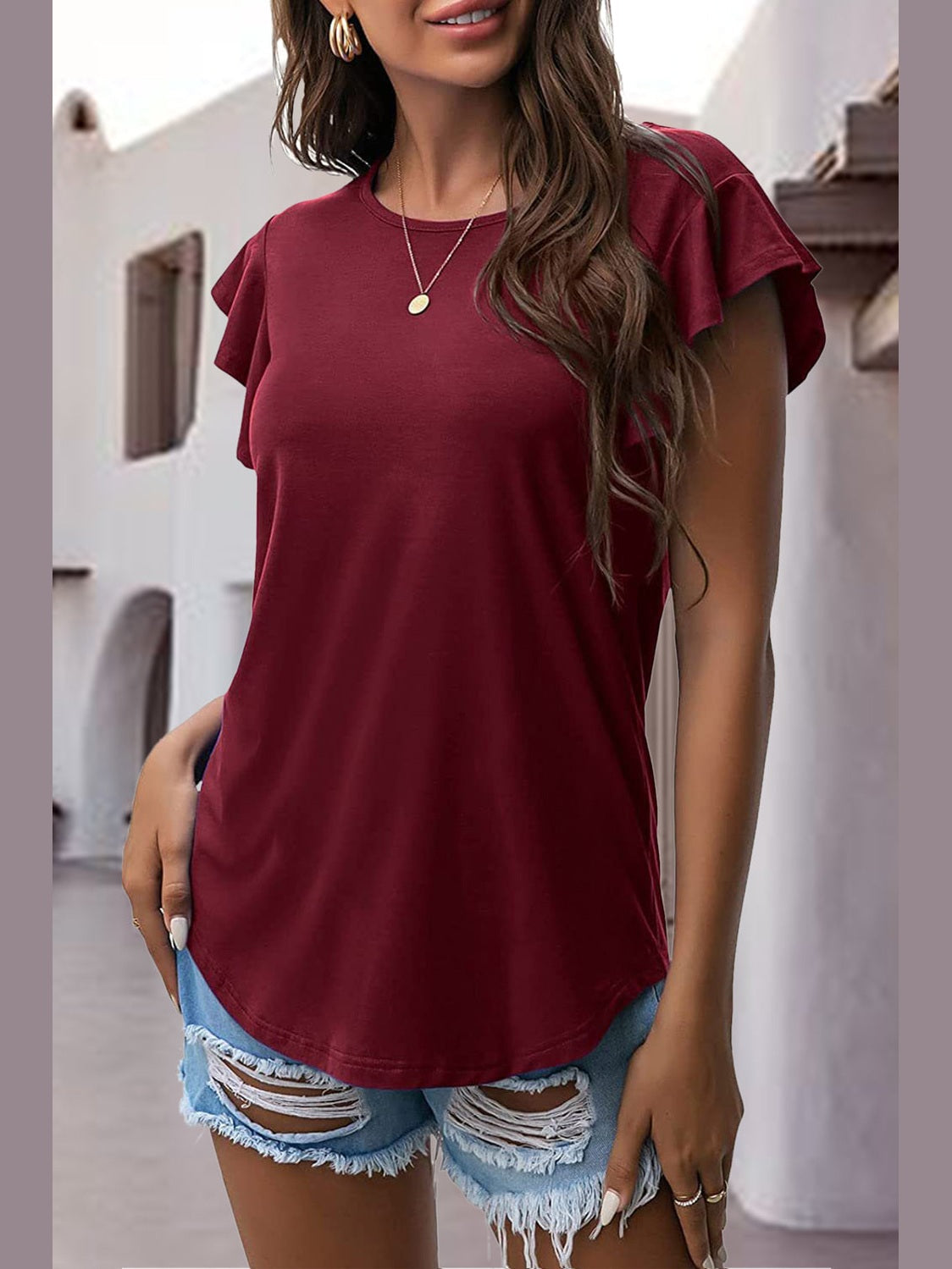 Women Ruffled Round Neck Cap Sleeve Blouse