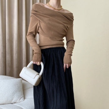 Womens Irregular French-Style Off-the-Shoulder Knit Top